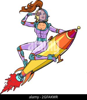 Pinup-Astronautin, die auf einer Rakete fliegt, eine Frau im All. Science-Fiction Stock Vektor