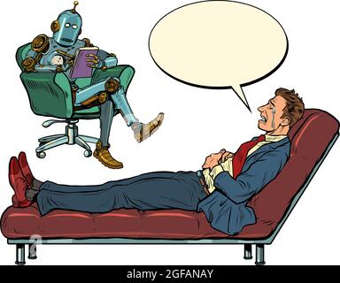 Ein Roboter-Psychotherapeut bei einer Psychotherapiesitzung mit einem Patienten, hört einem Geschäftsmann zu, sitzt auf einem Stuhl und macht Notizen in einem Notizbuch Stock Vektor