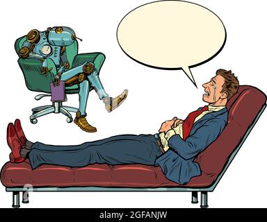 Roboter-Psychotherapeut in einer Psychotherapiesitzung mit einem Patienten, gelangweilt und schlafend Stock Vektor
