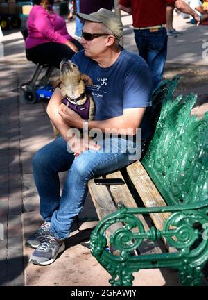 Ein Mann entspannt sich mit seinem Hund auf einer Bank in einem öffentlichen Park in Santa Fe, New Mexico. Stockfoto