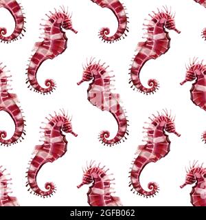 Seamless Pattern handbemalt Aquarell Seepferd. Es eignet sich perfekt für Karten, Vorlagen-Design, Postkarten. Stockfoto