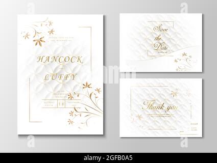 Vorlage für eine luxuriöse Hochzeitseinladungskarte. Florales Design elegant aus weißem Hintergrund mit goldenem Rahmen Stock Vektor