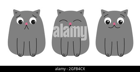 Set aus niedlichem Grau für Katzen. Katzen lächeln, sind zufrieden, traurig isoliert auf weißem Hintergrund. Flach und im Cartoon-Stil. Fat lustige minimalistische Kätzchen mit verschiedenen Emotionen und Gesichtern. Vektorgrafik Stock Vektor