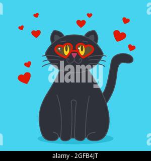 Katze schwarz in trendigen roten Sonnenbrillen in Form von Herzen Lolita Stil träumt von Liebe. Grußkarte zum Valentinstag. Designelemente. Vektor-Cartoon-Illustration isoliert auf blauem Hintergrund Stock Vektor