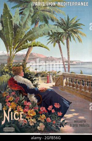 Klicken Sie auf Vintage French travel Poster - Nizza, Französische Riviera Stockfoto