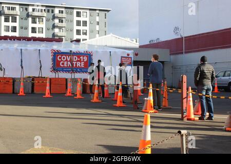 Wellington, Neuseeland, 25. August 2021. Am frühen Morgen stehen Menschen in einem Testzentrum in Wellington, Neuseeland, an, das aufgrund eines Ausbruchs der Delta-Variante derzeit in einer strikten Stufe-4-Sperre ist. Quelle: Lynn Grieveson/Alamy Live News Stockfoto