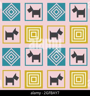 Muster mit Hunden. Geometrische Quadrate im Patchwork-Stil mit Tieren. Stock Vektor