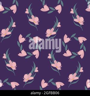 Kranzmuster mit rosa Blüten. Vektorgrafik auf violettem Hintergrund. Stock Vektor