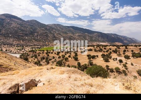 Landwirtschaftliches Feld am Flussufer auf dem Hochland, persische Königsstraße, Straße 55, Alexander der große, Vorort Yasuj, Iran, Persien, Westasien, Asien Stockfoto