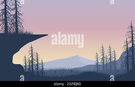 Wunderbarer Blick auf die Berge mit fantastischen trockenen Baumsilhouetten vom Rand der Stadt bei Sonnenaufgang. Vektordarstellung einer Stadt Stock Vektor