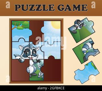 Puzzle-Spiel mit glücklichen Waschbär Stock Vektor