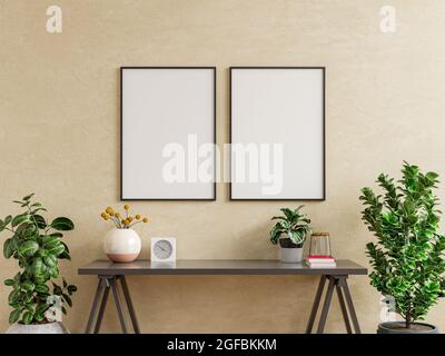 Mockup-Rahmen auf Arbeitstisch im Wohnzimmer Innenraum auf leerem cremefarbenem Wandhintergrund, 3D-Rendering Stockfoto