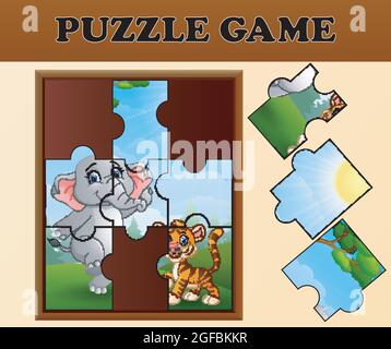 Puzzle-Spiel mit glücklichen wilden Tieren Stock Vektor