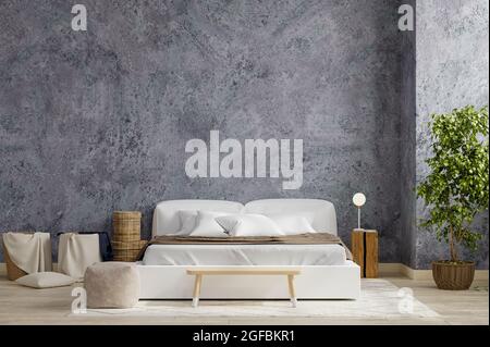 Schlafzimmer im Bauernhaus Stil, Betonwand Mockup, 3d-Rendering Stockfoto