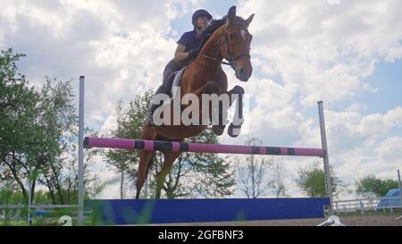 Eine junge Jockey-Frau springt mit ihrem Pferd draußen über ein Hindernis. Hochwertige Fotos Stockfoto