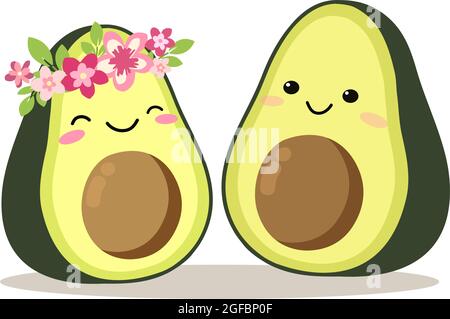 Cute Cartoon Avocado Paar in der Liebe, Avocuddle. Zwei Avocado-Hälften. Isolierte Vektordarstellung. Stock Vektor