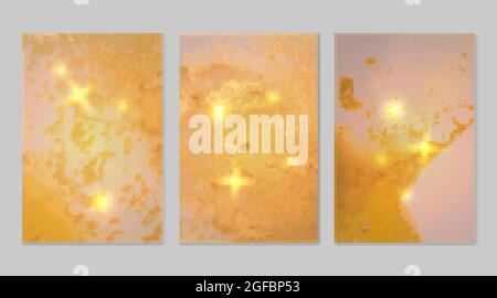 Set von abstrakten gelben, rosa und goldenen Hintergründen mit Marmorstruktur und glänzendem Glitzer Stock Vektor