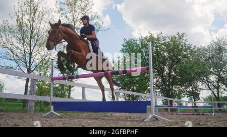 Ein Jockey mit seinem braunen Pferd springt über ein Hindernis. Hochwertige Fotos Stockfoto