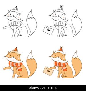 Sammlung von Winterfuchs in einem Schal und Hut und mit einem Umschlag. Tierischer Charakter - Farbe und Linienzeichnung, Umriss. Vektorgrafik. Für Kinder Stock Vektor