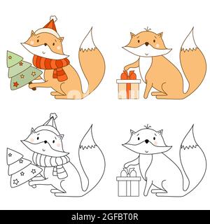 Set aus niedlichem Fuchs in einem Schal und einem Hut mit einem Weihnachtsbaum und einer Geschenkbox. Tier - Farbe und Linienzeichnung, Umriss. Vektorgrafik für Kinder Stock Vektor