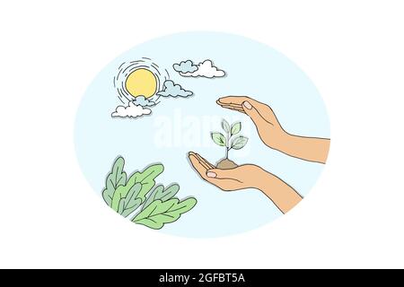 Eco Cartoon Hand pflegt Pflanze Sprossen. Umweltsicherheit nachhaltige Technologie erneuerbare Energie. Naturschutz Planet Problem Papier Zeichnung geschnitten Stock Vektor