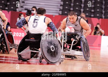 Tokio, Japan, 25. August 2021, Tokio 2020 Paralympische Spiele, Rollstuhlbabball. USA vs New Zeland Kredit: Marco Ciccolella/Alamy Live News Stockfoto