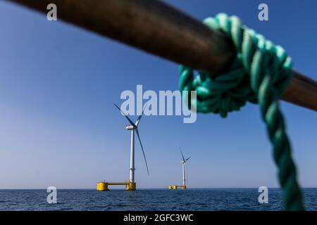 Viana Do Castelo, Portugal. August 2021. Gesamtansicht der Windturbinen vor der Küste von Viana do Castelo.der Windfloat Atlantic ist ein Windenergieprojekt, das 20 Kilometer vor der Küste von Viana do Castelo im Norden Portugals liegt. Dieser schwimmende Windpark ist der erste in Kontinentaleuropa und kann in einem Jahr Energie für 60,000 Haushalte erzeugen. Die drei Windenergieanlagen, aus denen der schwimmende Windpark besteht, können eine installierte Leistung von 25 MW liefern. Kredit: SOPA Images Limited/Alamy Live Nachrichten Stockfoto