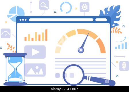 Optimierung der Ladegeschwindigkeit von Websites mit Server, Webprogrammierung, Entwicklung mobiler Apps und Seitensoftware. Hintergrund Vektorgrafik Stock Vektor