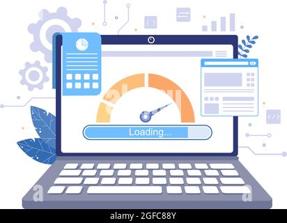 Optimierung der Ladegeschwindigkeit von Websites mit Server, Webprogrammierung, Entwicklung mobiler Apps und Seitensoftware. Hintergrund Vektorgrafik Stock Vektor