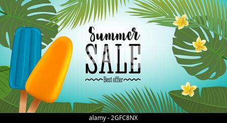 Sommerverkauf Bannervorlage mit Eiscreme, Frangipani-Blume und Palmenblättern. Typografie-Abzeichen. Vektor Stock Vektor