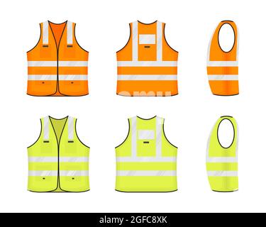 Sicherheits reflektierende Weste Symbol Zeichen flach Stil Design Vektor Illustration Set. Orange und gelb fluoreszierende Sicherheits-Arbeitsjacke mit reflektierenden Details Stock Vektor