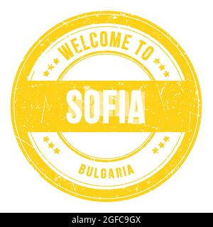 WILLKOMMEN IN SOFIA - BULGARIEN, Worte auf gelber runder Münzmarke geschrieben Stockfoto