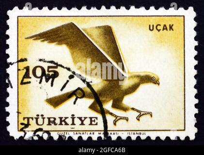 TÜRKEI - UM 1959: Eine in der Türkei gedruckte Marke zeigt Hawk, Bird of Prey, um 1959 Stockfoto