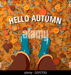 Herbstlicher Laubhintergrund mit der Aufschrift Hello Autumn und Herren Gummistiefel. Vektorgrafik. Stock Vektor