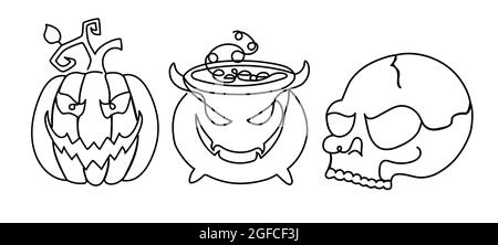 Halloween-Set in einem handgezeichneten linearen Stil. Stock Vektor