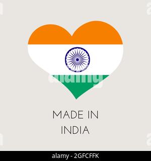 Herzförmiges Label mit indianischer Flagge. Made in India Aufkleber. Fabrik-, Fertigungs- und Produktionslandkonzept. Vektorgrafik Stock Vektor