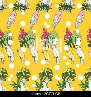 Vektor gelben Hintergrund tropische Vögel, Papageien, exotische Käsepflanze, Monstera, Hibiskusblüten. Nahtloser Musterhintergrund Stock Vektor