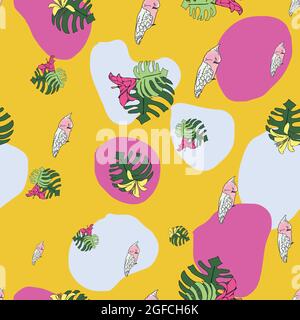 Vektor gelben Hintergrund tropische Vögel, Papageien, exotische Käsepflanze, Monstera, Hibiskusblüten. Nahtloser Musterhintergrund Stock Vektor