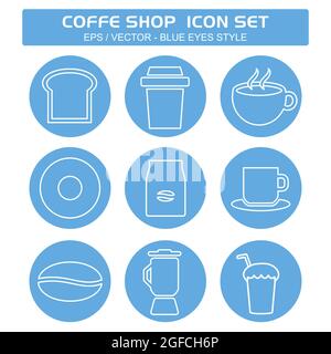 Set Icon Vektor von Coffee Shop - Blue Eyes Style - einfache Illustration, editierbare Kontur, Design Template Vektor, gut für Drucke, Poster, Werbung Stock Vektor