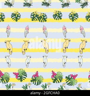 Vektor pastellblau Hintergrund tropische Vögel, Papageien, exotische Käsepflanze, Monstera, Hibiskusblüten. Nahtloser Musterhintergrund Stock Vektor