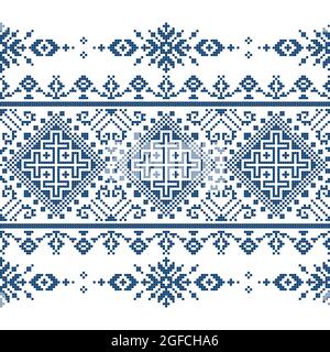 Zmijanjski vez Kreuzstich Stil Vektor nahtlose Muster - traditionelle Textil-oder Stoff Folk Art Print Hintergrund inspiriert von Kreuzstich Designs f Stock Vektor