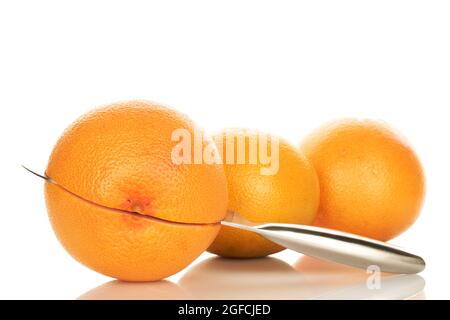 Drei organische saftige Grapefruits mit einem Messer, Nahaufnahme, isoliert auf Weiß. Stockfoto