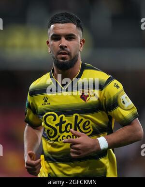 Watford, Großbritannien. August 2021. IMR‰n Louza aus Watford während des Carabao Cup-Spiels zwischen Watford und Crystal Palace in der Vicarage Road, Watford, England am 24. August 2021. Foto von Andy Rowland. Quelle: Prime Media Images/Alamy Live News Stockfoto