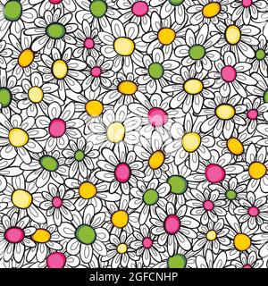 Vektor schwarz und weiß umreißt Spaß Gänseblümchen Blumen wiederholen Muster mit bunten Polkodot Mitte. Geeignet für Textilien, Geschenkpapier und Tapeten. Stock Vektor