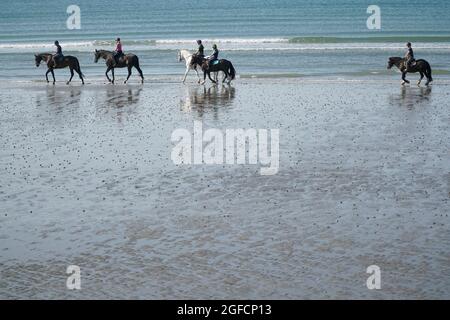 Wetter in Großbritannien, 25. August 2021: Eine Gruppe von Reitern nutzt das sonnige Wetter und die Ebbe, um ihre Pferde auf dem vollen Sand des East Wittering Beach in West Sussex zu trainieren. Anna Watson/Alamy Live News Stockfoto