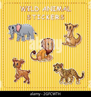 Illustration von niedlichen Cartoon wilde Tiere auf Sticker Stock Vektor