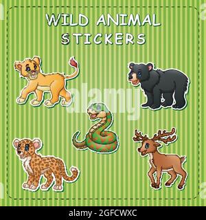 Illustration von niedlichen Cartoon wilde Tiere auf Sticker Stock Vektor