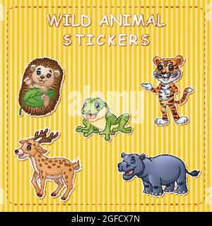 Illustration von niedlichen Cartoon wilde Tiere auf Sticker Stock Vektor