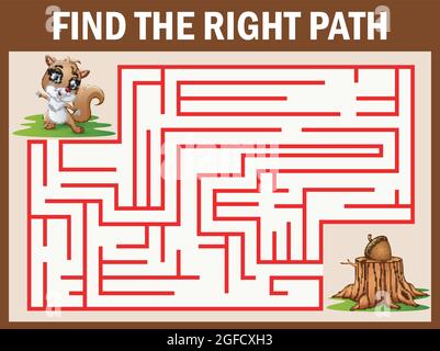Maze Spiel findet das Eichhörnchen zu Fuß weg Walnuss Stock Vektor