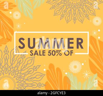 Sommer-Verkaufsförderungsmedien, Vektor-Hintergrund mit Blumen- und Ornamentelementen, geeignet für Social-Media-Beiträge, mobile Apps, Banner-Designs, poste Stock Vektor